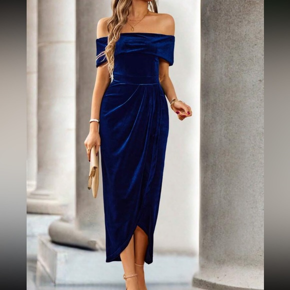 Luxe off shoulder wrap party prom wedding gown velvet dress - Picture 5 of 10